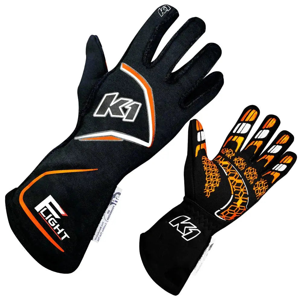Gloves Flight Medium Black-Flo Orange-Safety Equipment,Safety Clothing,Driving Gloves-K1 RACEGEAR-Pivotal Motorsports