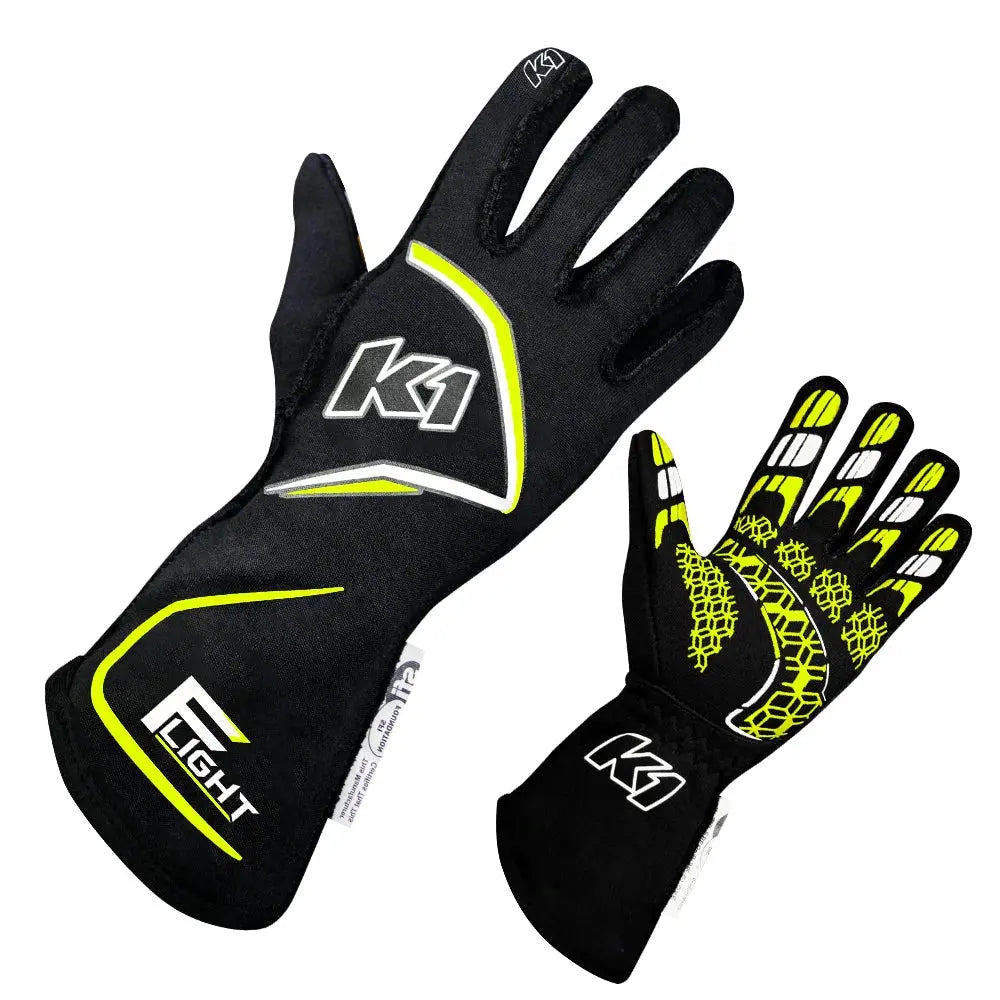 Gloves Flight X-Large Black-Flo Yellow-Safety Equipment,Safety Clothing,Driving Gloves-K1 RACEGEAR-Pivotal Motorsports
