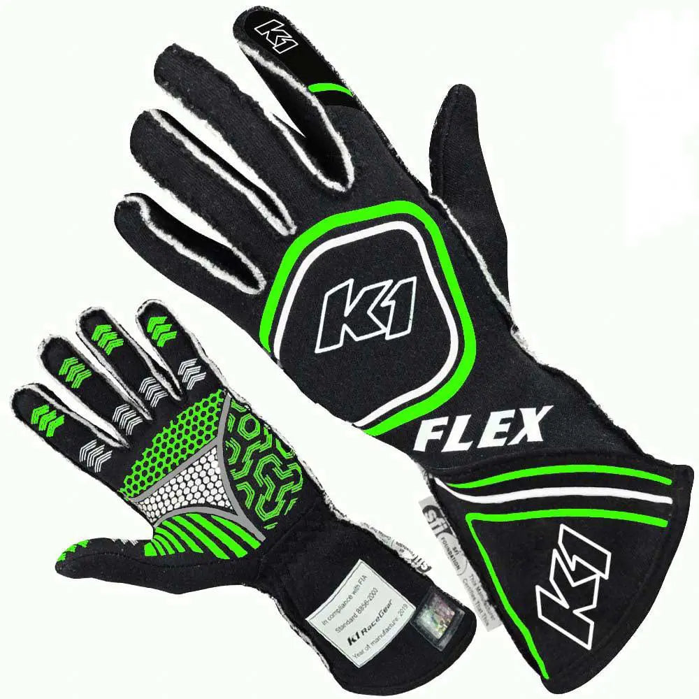 Glove Flex Large Black / Flo Green SFI / FIA-Safety Equipment,Safety Clothing,Driving Gloves-K1 RACEGEAR-Pivotal Motorsports