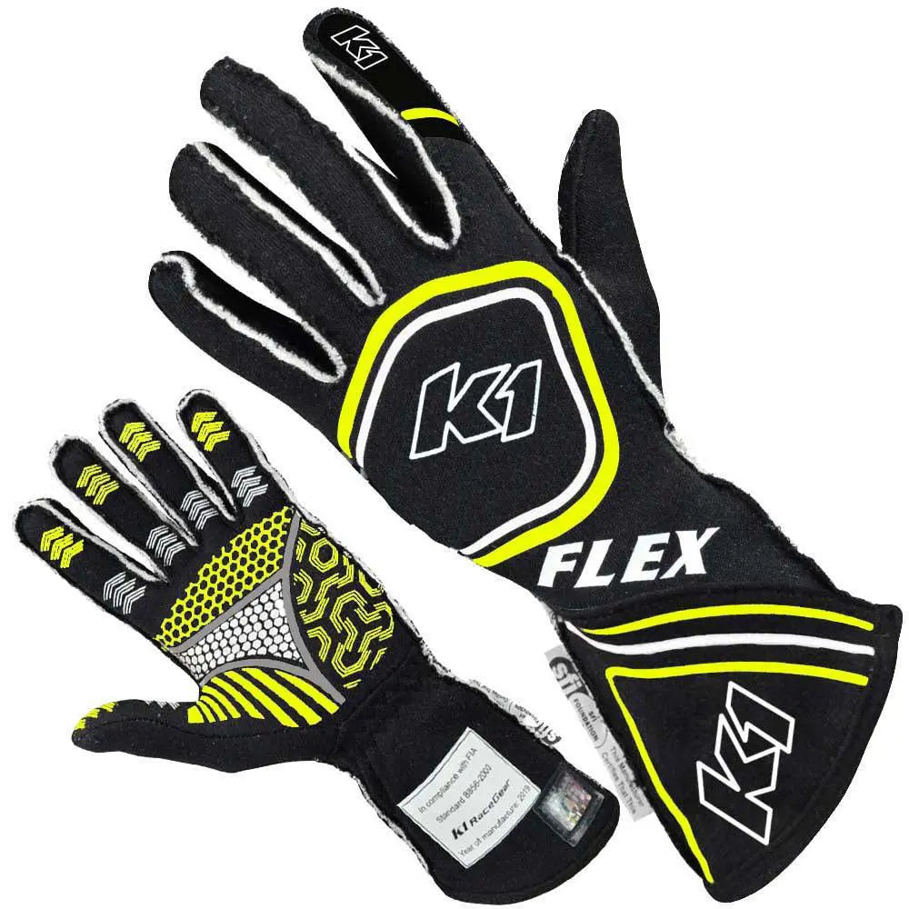 Glove Flex Large Black / Flo Yellow SFI / FIA-Safety Equipment,Safety Clothing,Driving Gloves-K1 RACEGEAR-Pivotal Motorsports